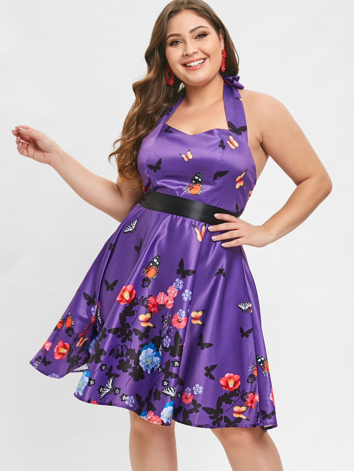 Plus Size Halter Floral Print Pin Up Dress Sz. (L) - MediaEclat.store