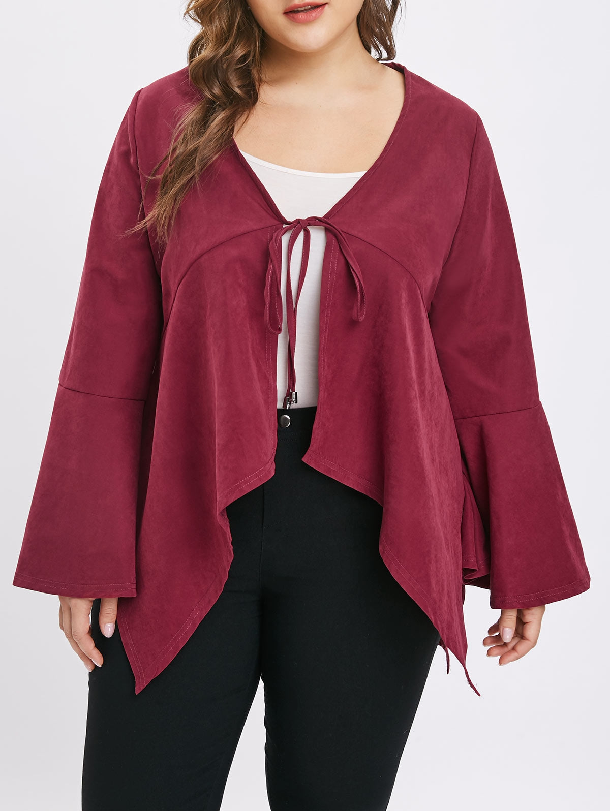 Plus Size Asymmetric Flare Sleeves Tie Coat - MediaEclat.store