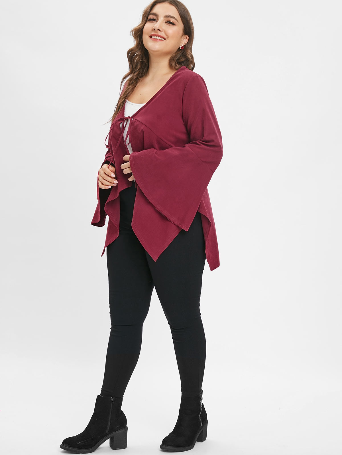 Plus Size Asymmetric Flare Sleeves Tie Coat - MediaEclat.store