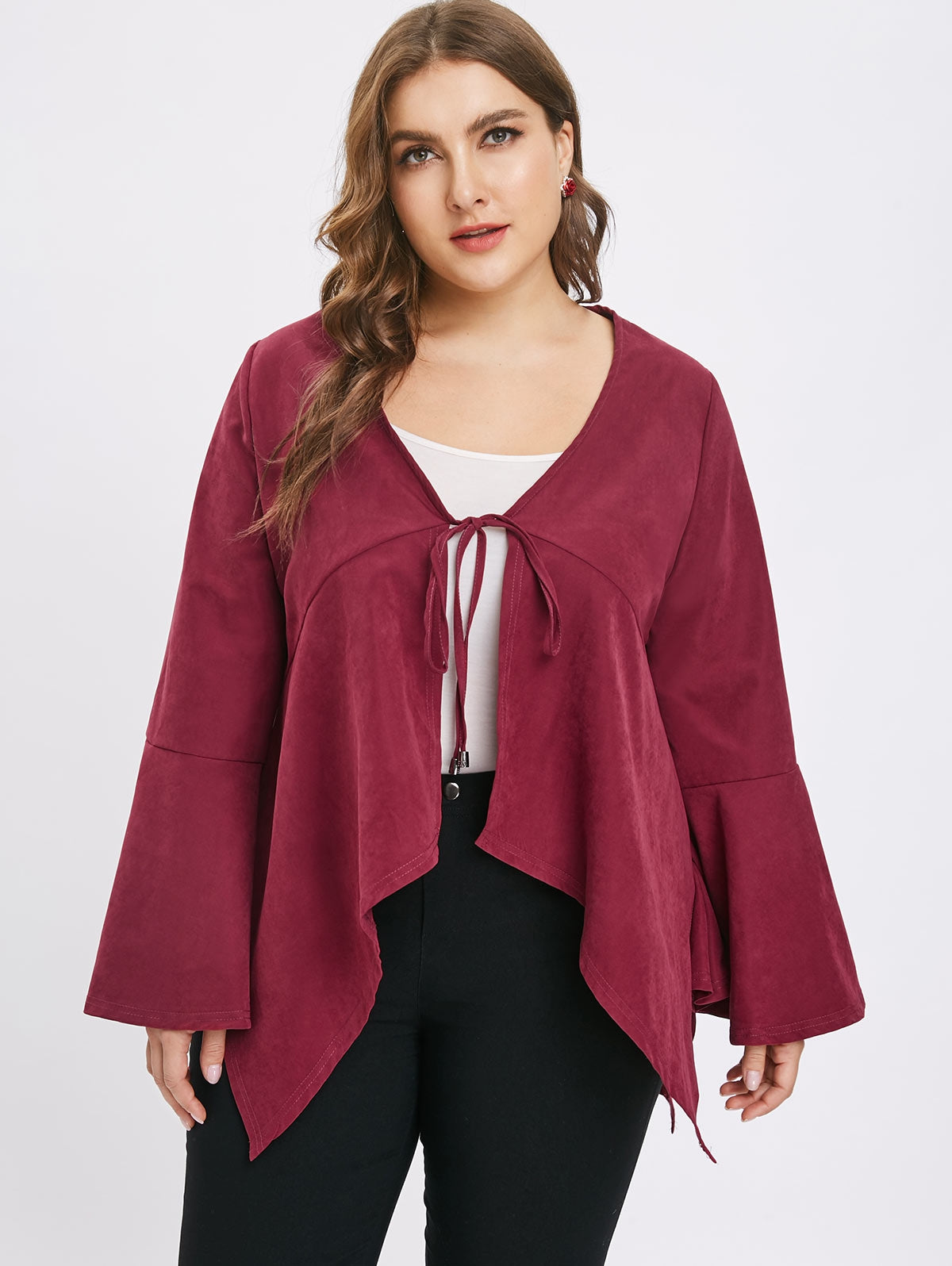 Plus Size Asymmetric Flare Sleeves Tie Coat - MediaEclat.store