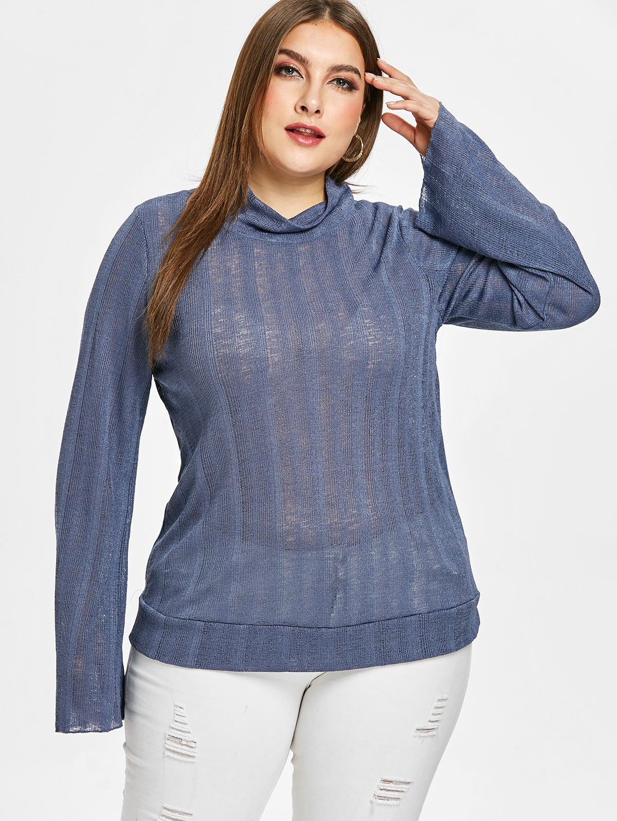 Plus Size Lace Up Semi Sheer Knitwear - MediaEclat.store