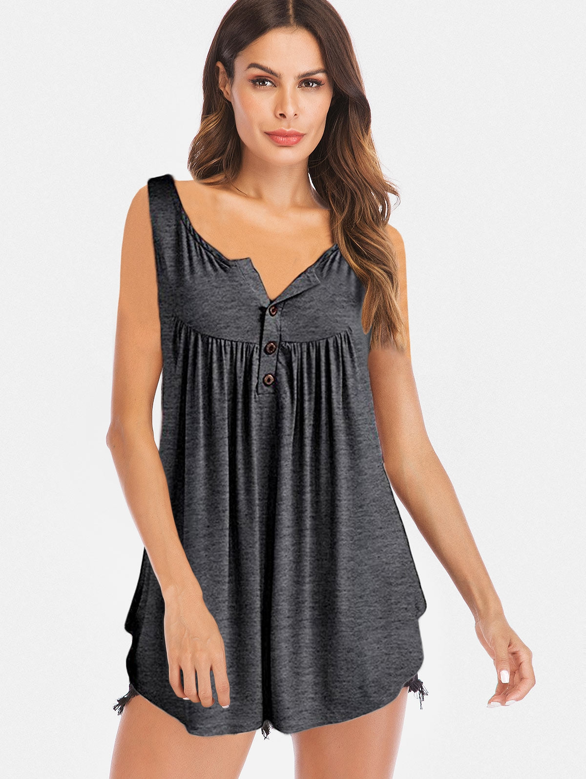 Half Button Round Neck Tank Top - MediaEclat.store