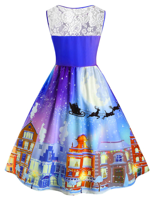 Plus Size Christmas Castle Print Vintage Swing Dress Sz. (L)