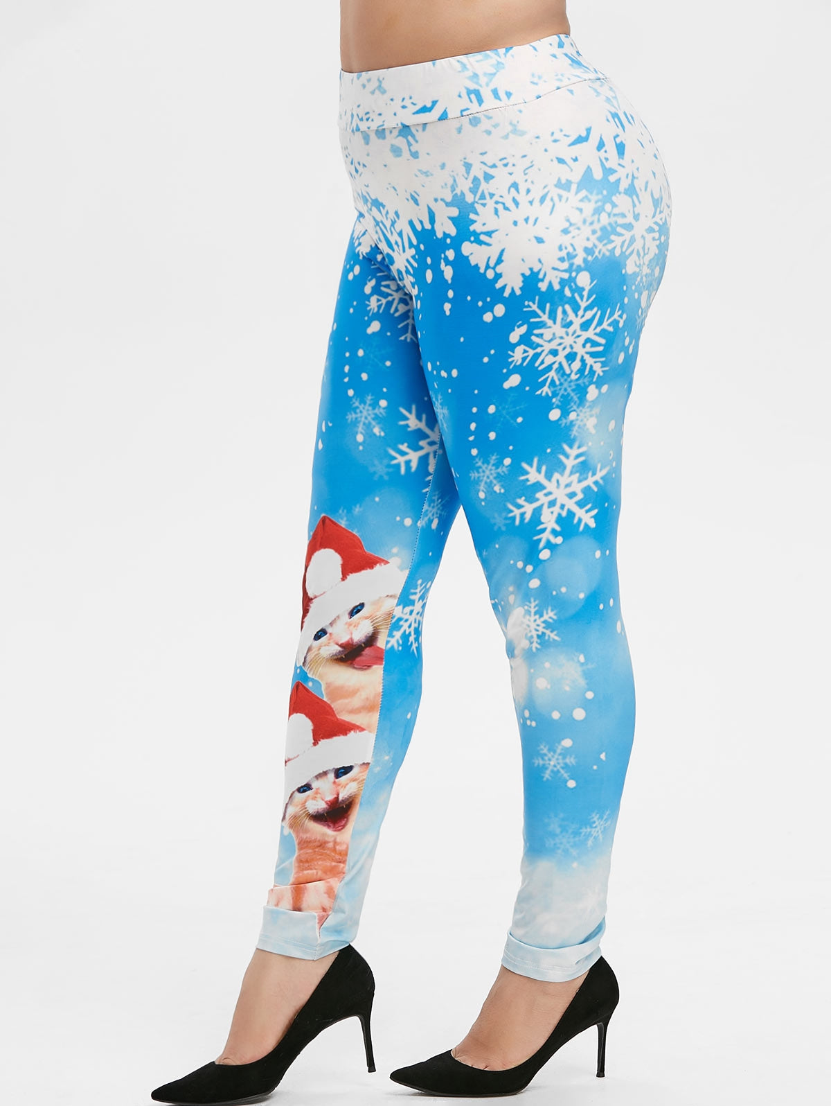 Plus Size Snowflake Cat Print Christmas Leggings - MediaEclat.store