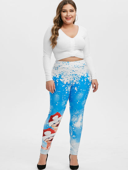 Plus Size Snowflake Cat Print Christmas Leggings - MediaEclat.store