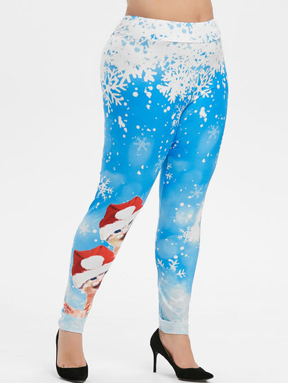 Plus Size Snowflake Cat Print Christmas Leggings - MediaEclat.store