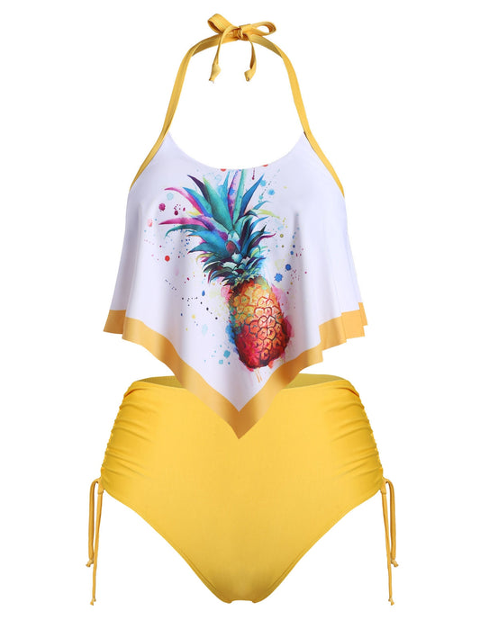 Plus Size Pineapple Print Cinched Halter Flounce Overlay Tankini Swimwear Sz. (5X)