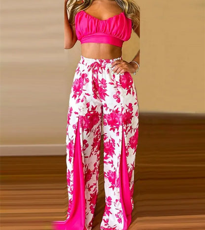 Women's Printed Contrast Wide Leg Pant Set