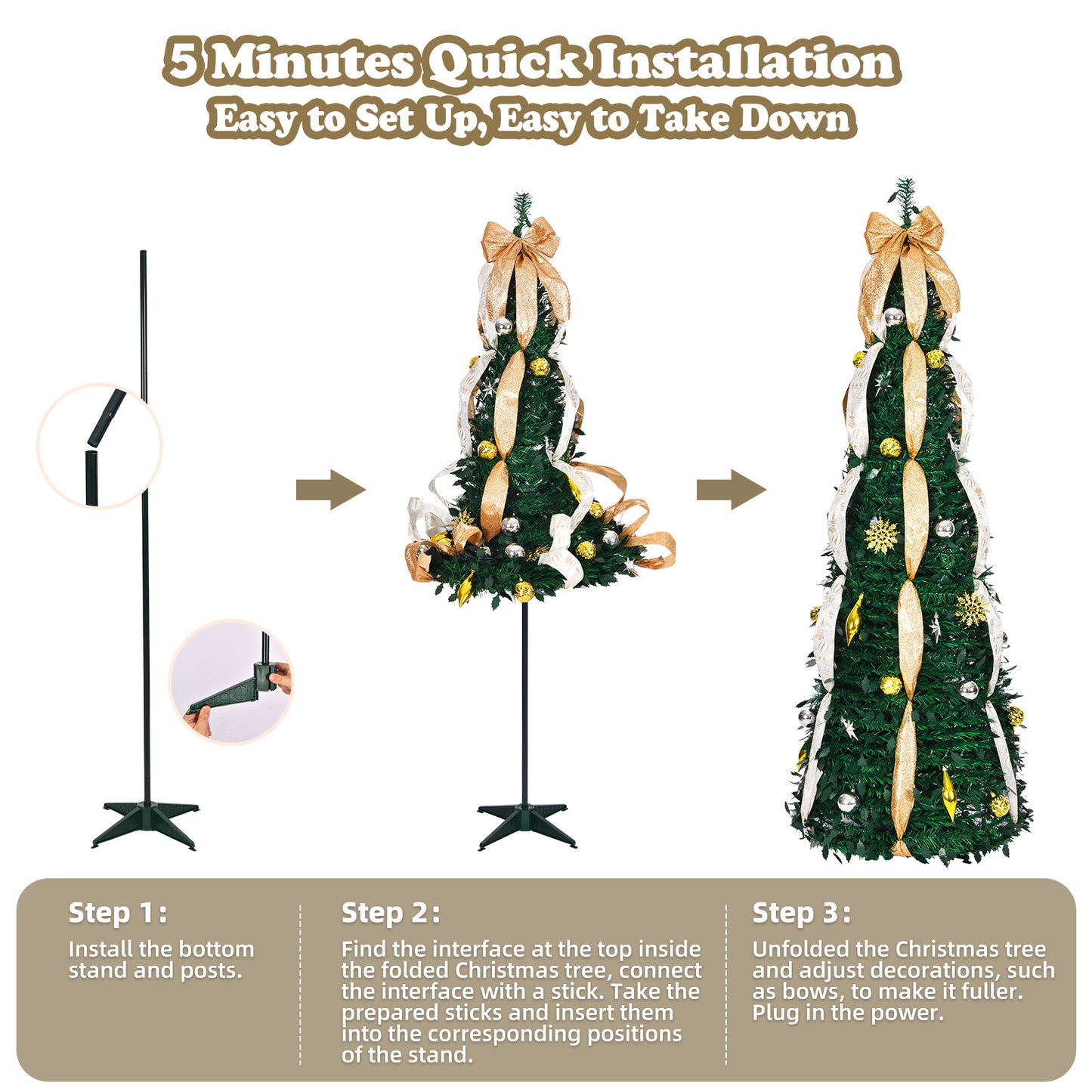 6ft 8 Modes Pre-Decorated Pre-lit Pop Up Christmas Tree Snow-Flocked Christmas Tree Collapsible Christmas Tree 150 LED Warm White Light For Christmas Holiday Decoration