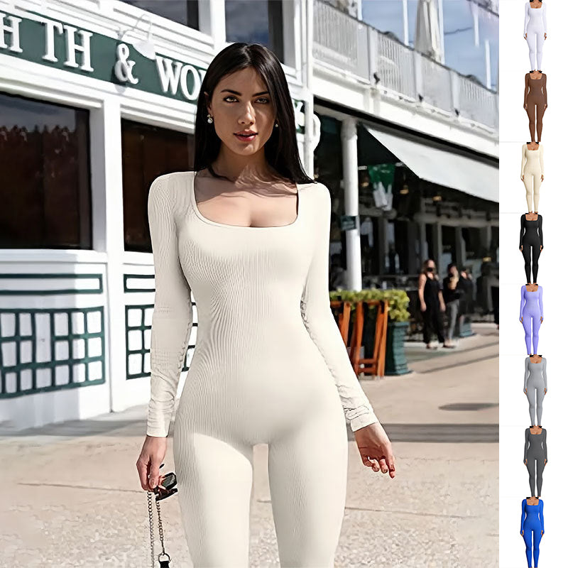 Women's Yoga Sports Fitness Jumpsuit Workout Long Sleeve Square Collar Clothing - MediaEclat.store