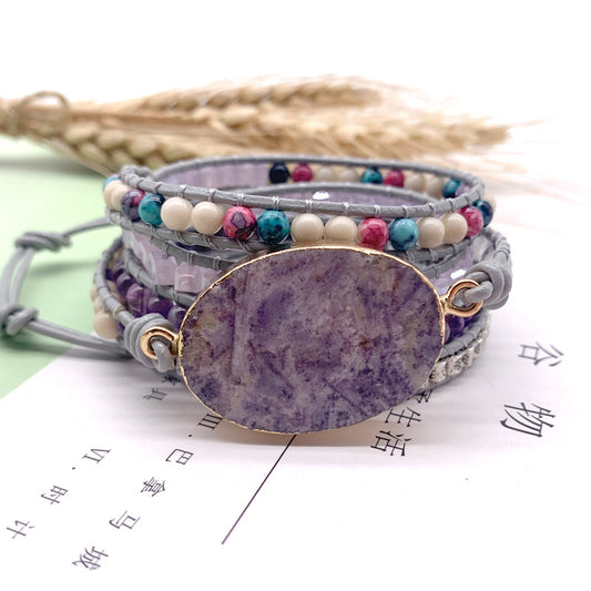 Bohemian Bracelet Purple Jade Bracelet Braided Leather Bracelet
