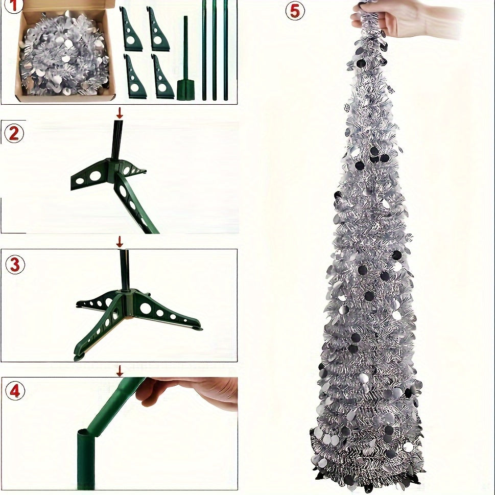 60-Inch Pop-Up Christmas Tree with Stand - Silvery Tinsel, Foldable Artificial Holiday Decor for Home, Garden, Office, and Cafe - Indoor/Outdoor Use