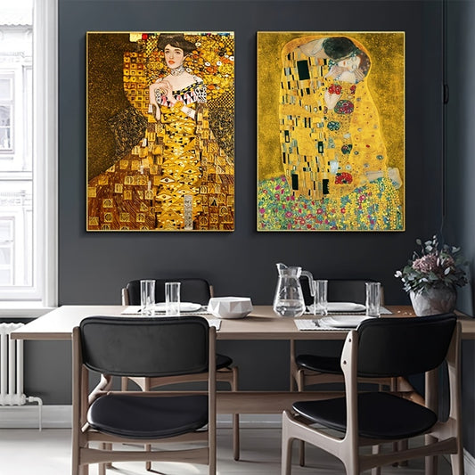 2pcs Gustav Klimt Kiss Abstract Oil Painting on Canvas Print Poster - Modern Art Wall Pictures for Living Room Decor