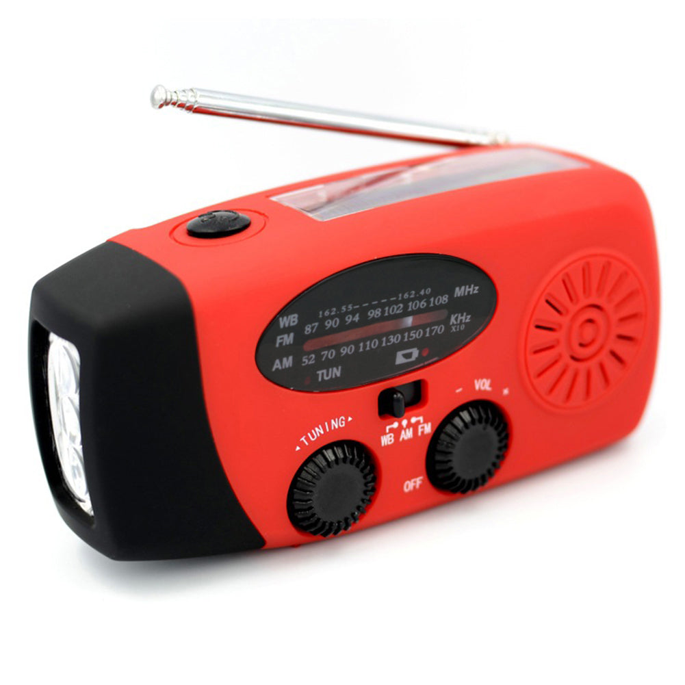 Solar energy hand-held emergency radio flashlight