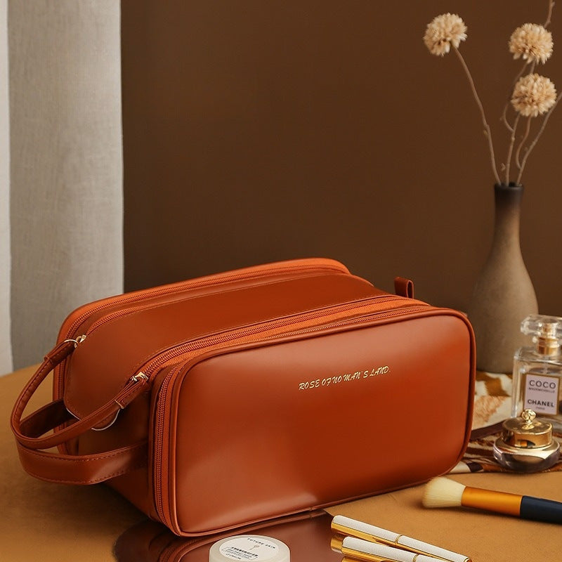 Three-layer Double Zipper U-shaped Design Cosmetic Bag Fashion High Capacity Make Up Bags Portable Pu Leather Storage Bag For Skin Care Products - MediaEclat.store