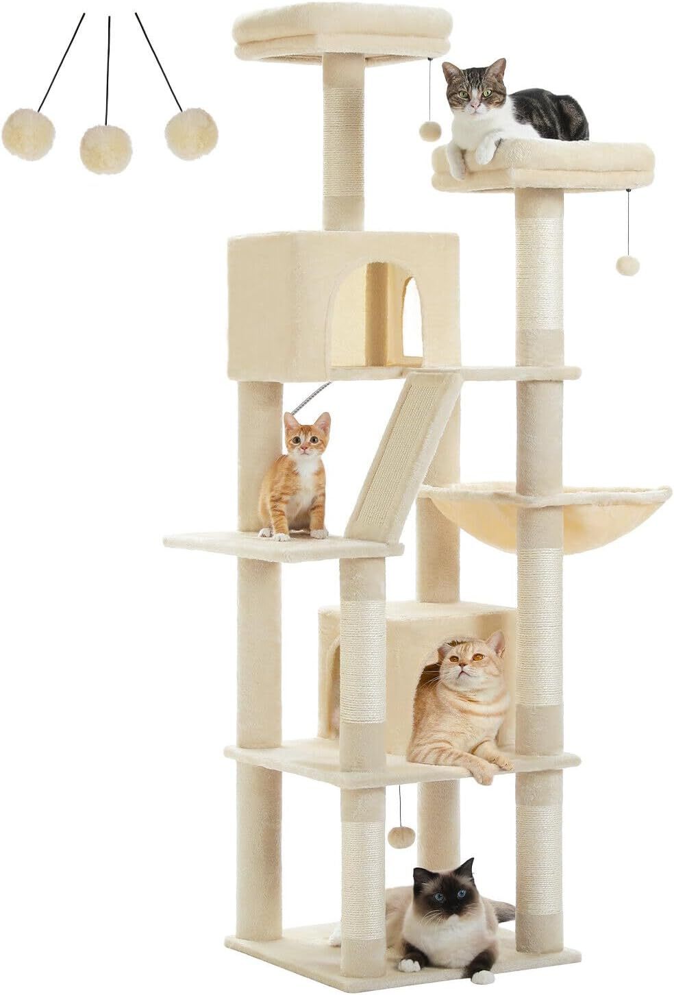 PAWZ Road 180cm Large Cat Tree For Indoor Cats, Multi-Level Cat Tower Cat Scratching Post With 2 Perches, 2 Condos, Hammock And 2 Pompoms Grey