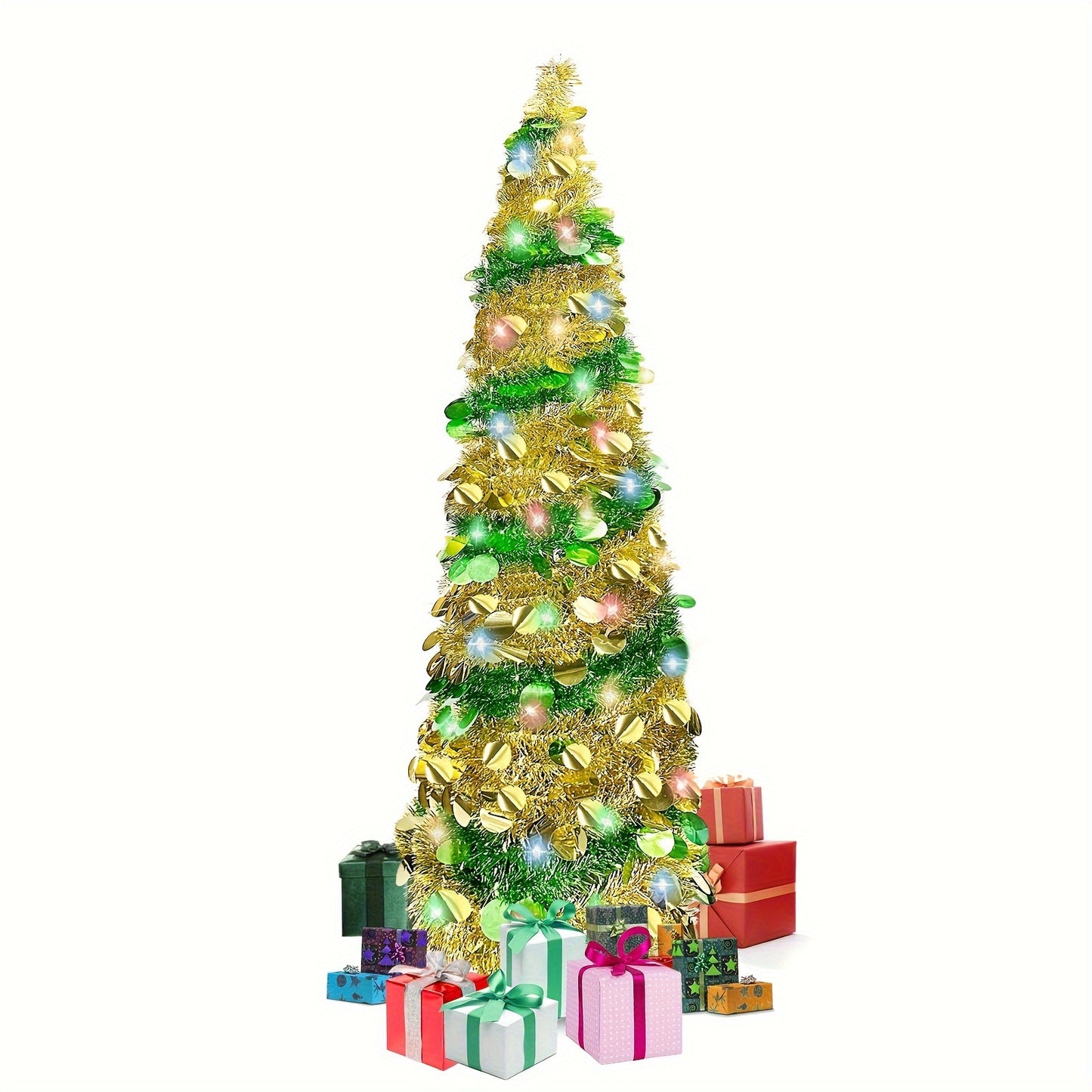 1pc, 5FT/1.5M Christmas Trees With 90 Colorful Lights, Collapsible Artificial Sequin Pop Up Christmas Tree, Tall Skinny Pencil Tinsel Christmas Trees Xmas Tree For Home Apartment Basement Fireplace