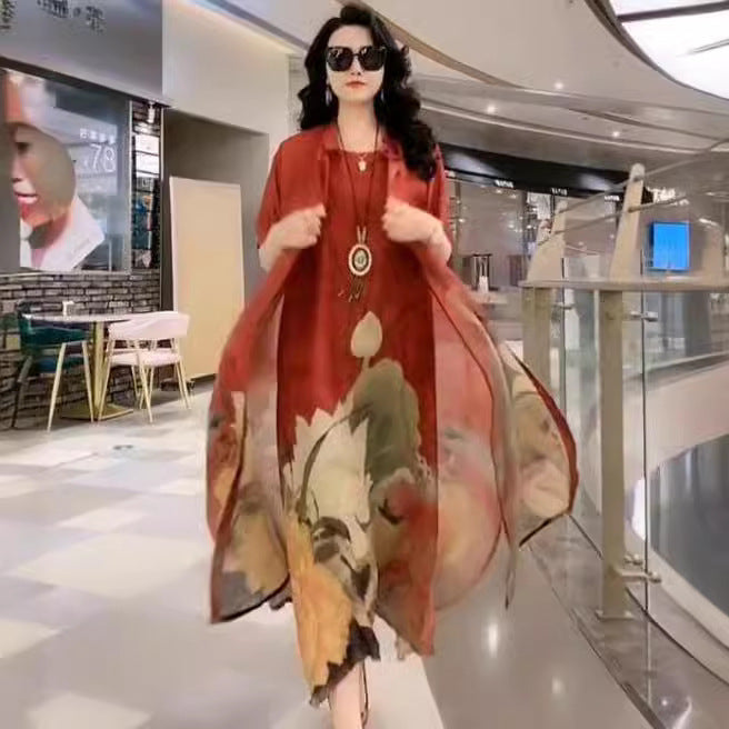 Cross-border New Arrival Artificial Silk Blended Dress Two-piece Loose Suit Printed Skirt