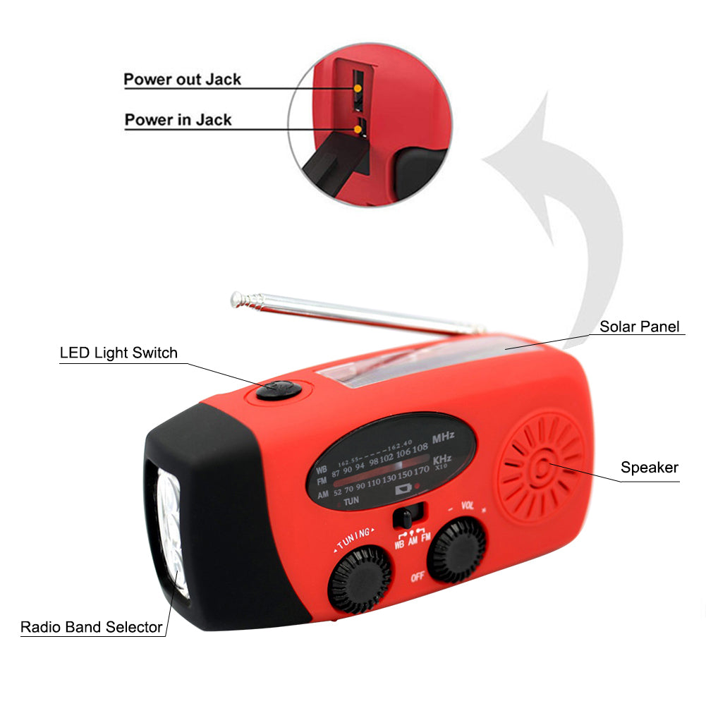 Solar energy hand-held emergency radio flashlight