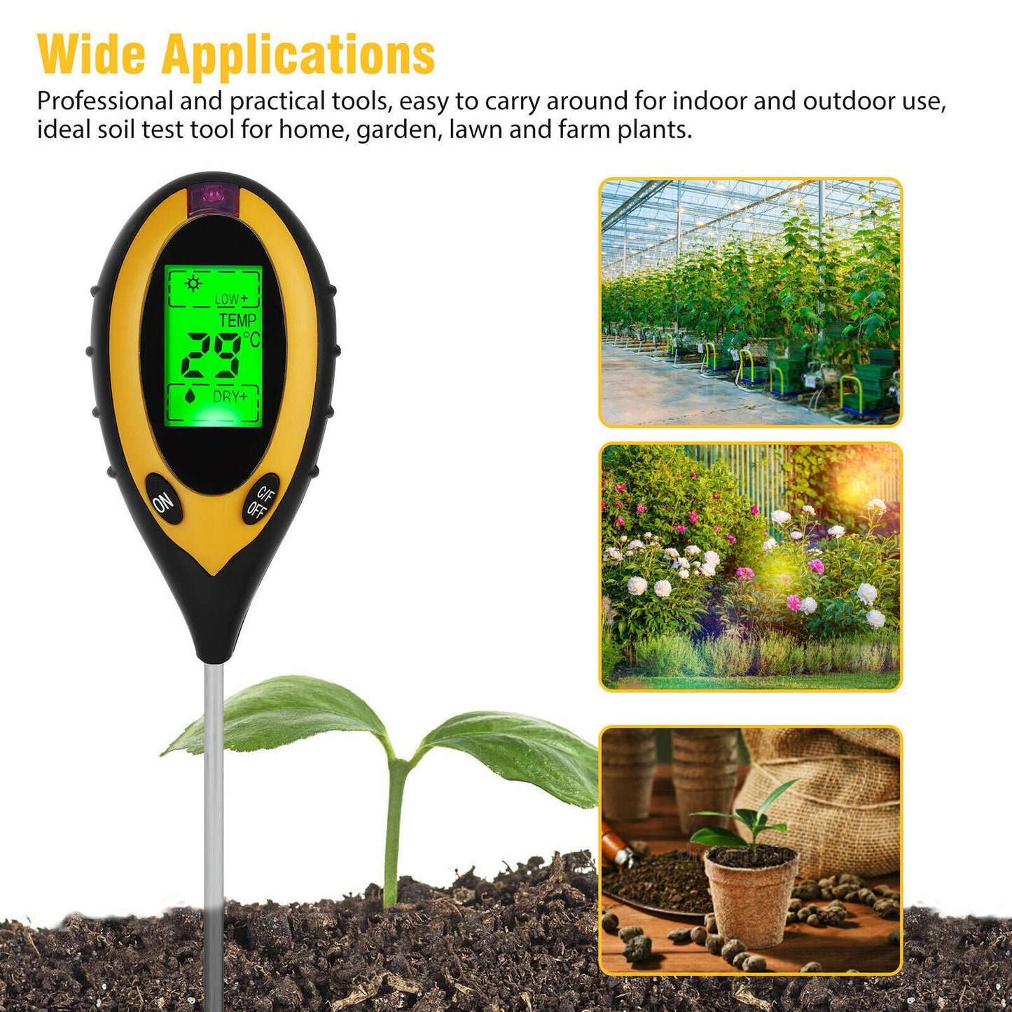 4 In 1 LCD Digital PH Tester Soil Water Light Temperature Test Meter US