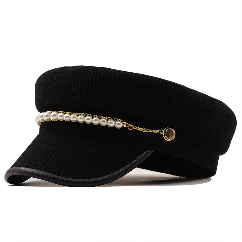 Solid Color Pearl Chain Korean Style Peaked Beret Cap