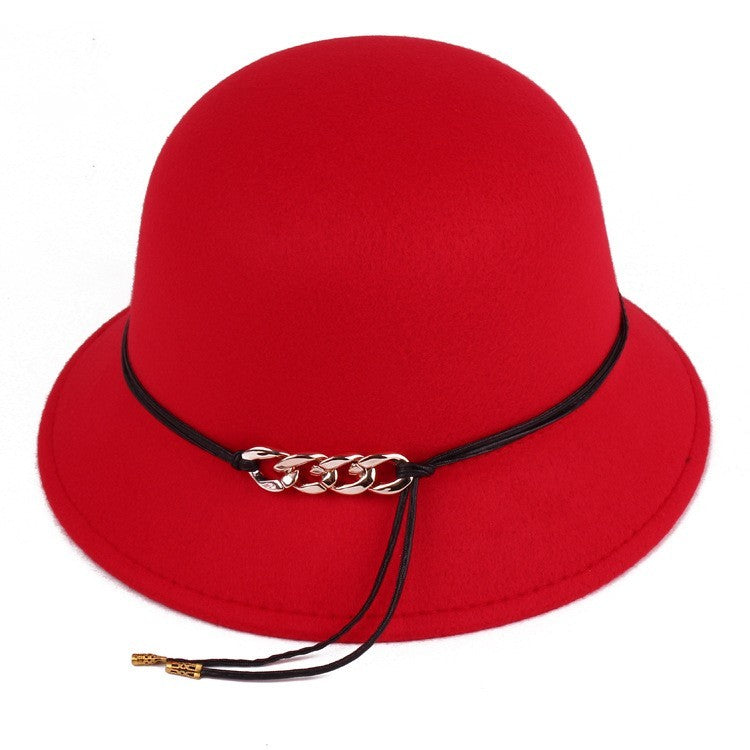 Solid Color Woolen Round Cap Chain Decoration Women's Basin Hat