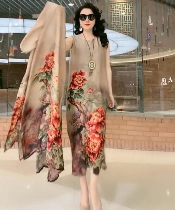 Cross-border New Arrival Artificial Silk Blended Dress Two-piece Loose Suit Printed Skirt