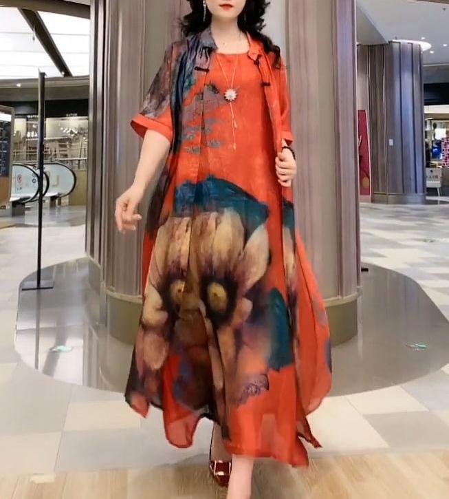 Cross-border New Arrival Artificial Silk Blended Dress Two-piece Loose Suit Printed Skirt