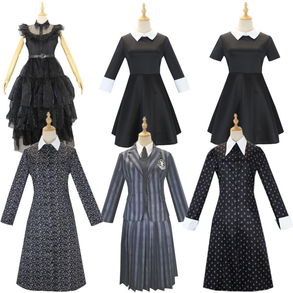 Cos Costume Halloween Wednesday Adams Black Dress