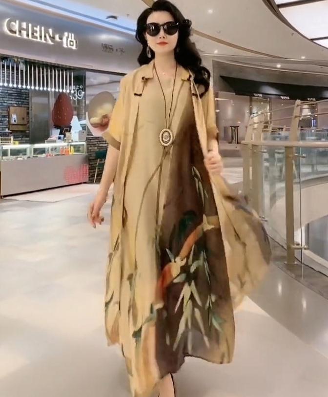 Cross-border New Arrival Artificial Silk Blended Dress Two-piece Loose Suit Printed Skirt