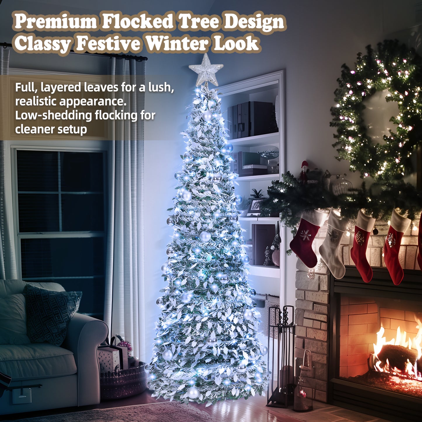 6ft 8 Modes Pre-Decorated Pre-lit Pop Up Christmas Tree Snow-Flocked Christmas Tree Collapsible Christmas Tree 150 LED Warm White Light For Christmas Holiday Decoration