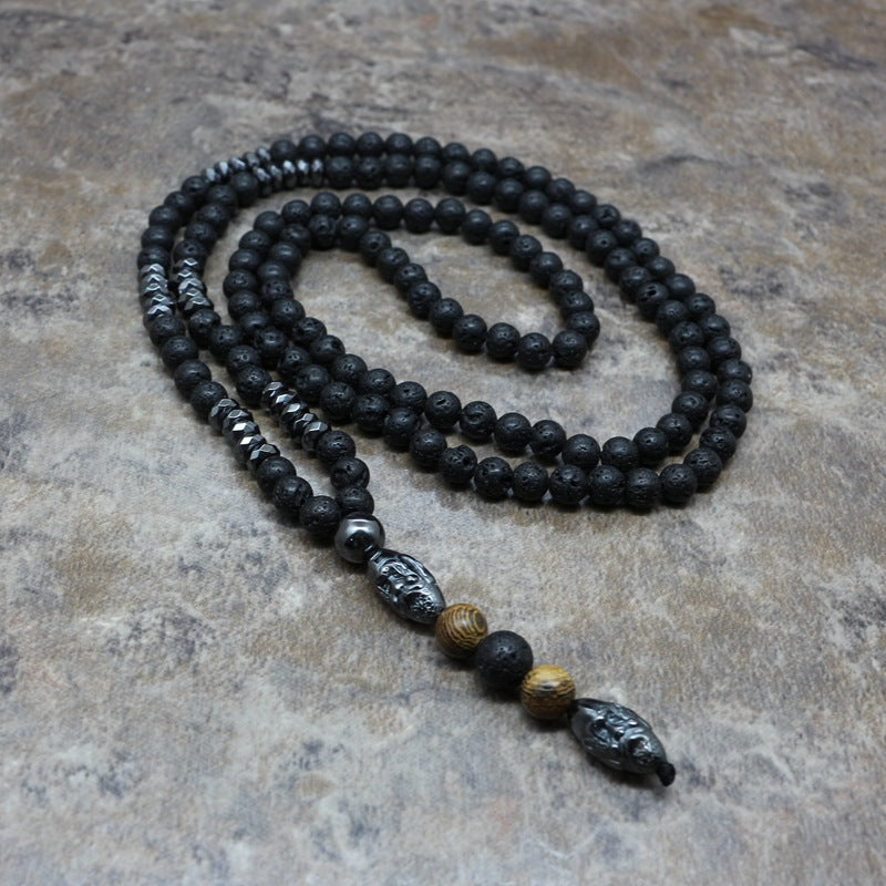 Men's Necklace 6mm Lava Rock Pendant Men's Rosary Necklace - MediaEclat.store