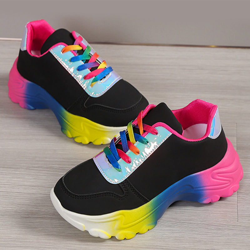 INS Style Rainbow Color Sports Shoes For Women Thick Bottom Lace-up Sneakers Fashion Casual Lightweight Running Walking Shoes - MediaEclat.store