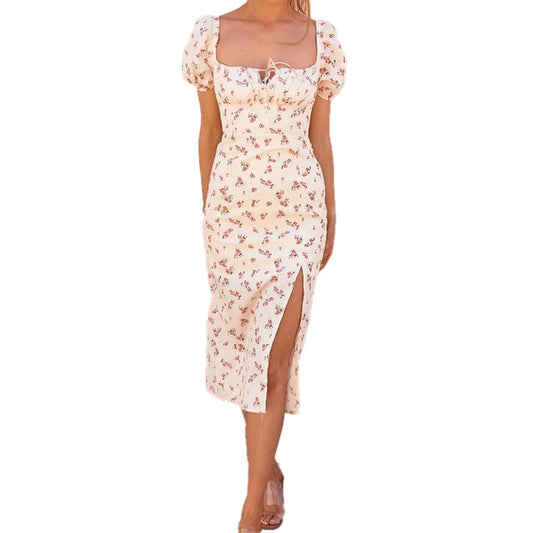 French Retro Square Neck Puff Sleeve Floral Slim-fit Split Dress