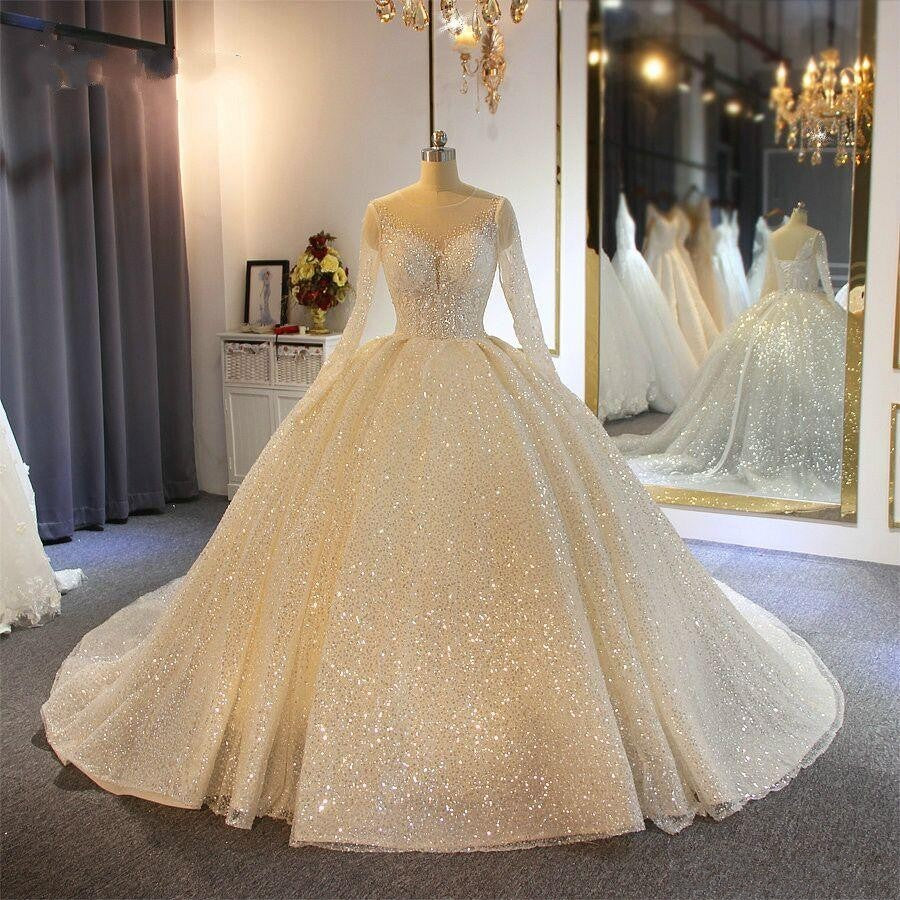 Long Sleeve Round Neck High Waist Wedding Dress