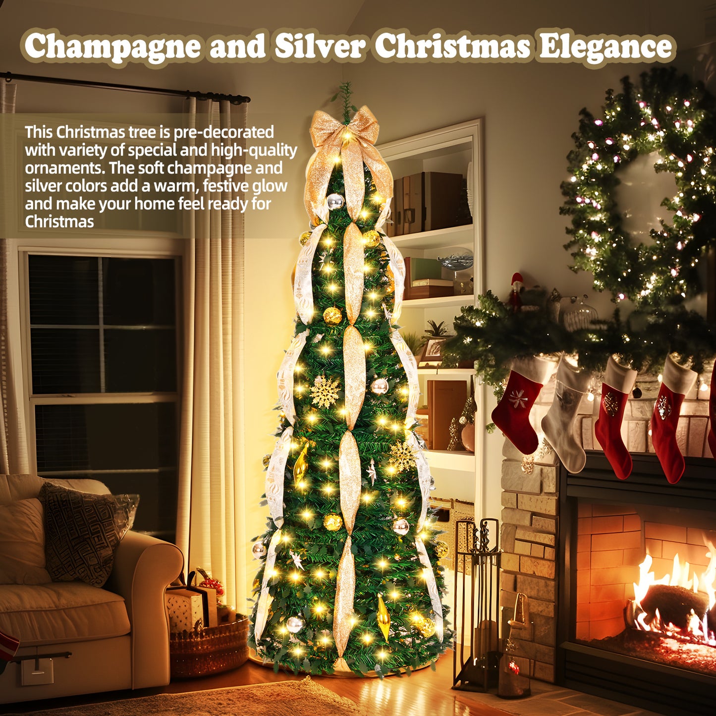 6ft 8 Modes Pre-Decorated Pre-lit Pop Up Christmas Tree Snow-Flocked Christmas Tree Collapsible Christmas Tree 150 LED Warm White Light For Christmas Holiday Decoration