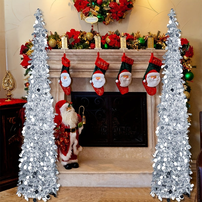 60-Inch Pop-Up Christmas Tree with Stand - Silvery Tinsel, Foldable Artificial Holiday Decor for Home, Garden, Office, and Cafe - Indoor/Outdoor Use