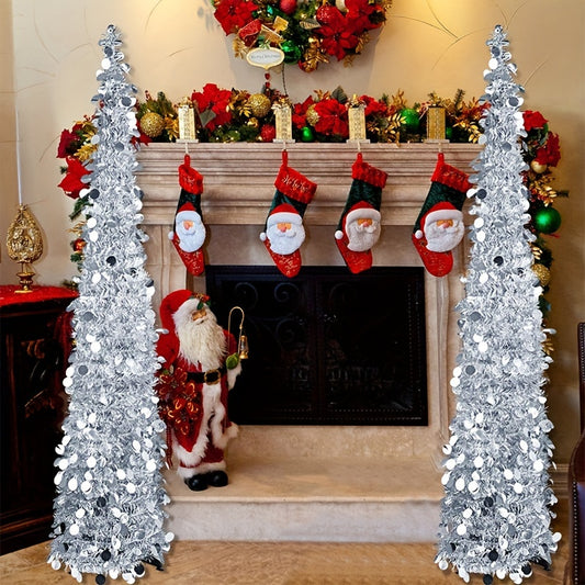 60-Inch Pop-Up Christmas Tree with Stand - Silvery Tinsel, Foldable Artificial Holiday Decor for Home, Garden, Office, and Cafe - Indoor/Outdoor Use