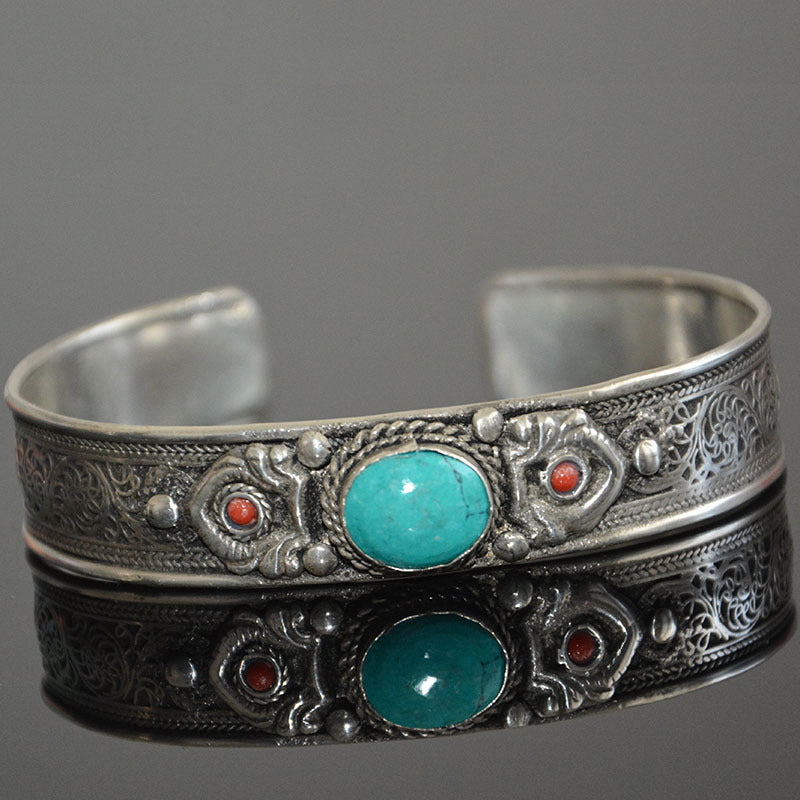 Tibetan Turquoise Nepal Handmade Tibetan Silver White Copper Bracelet Opening