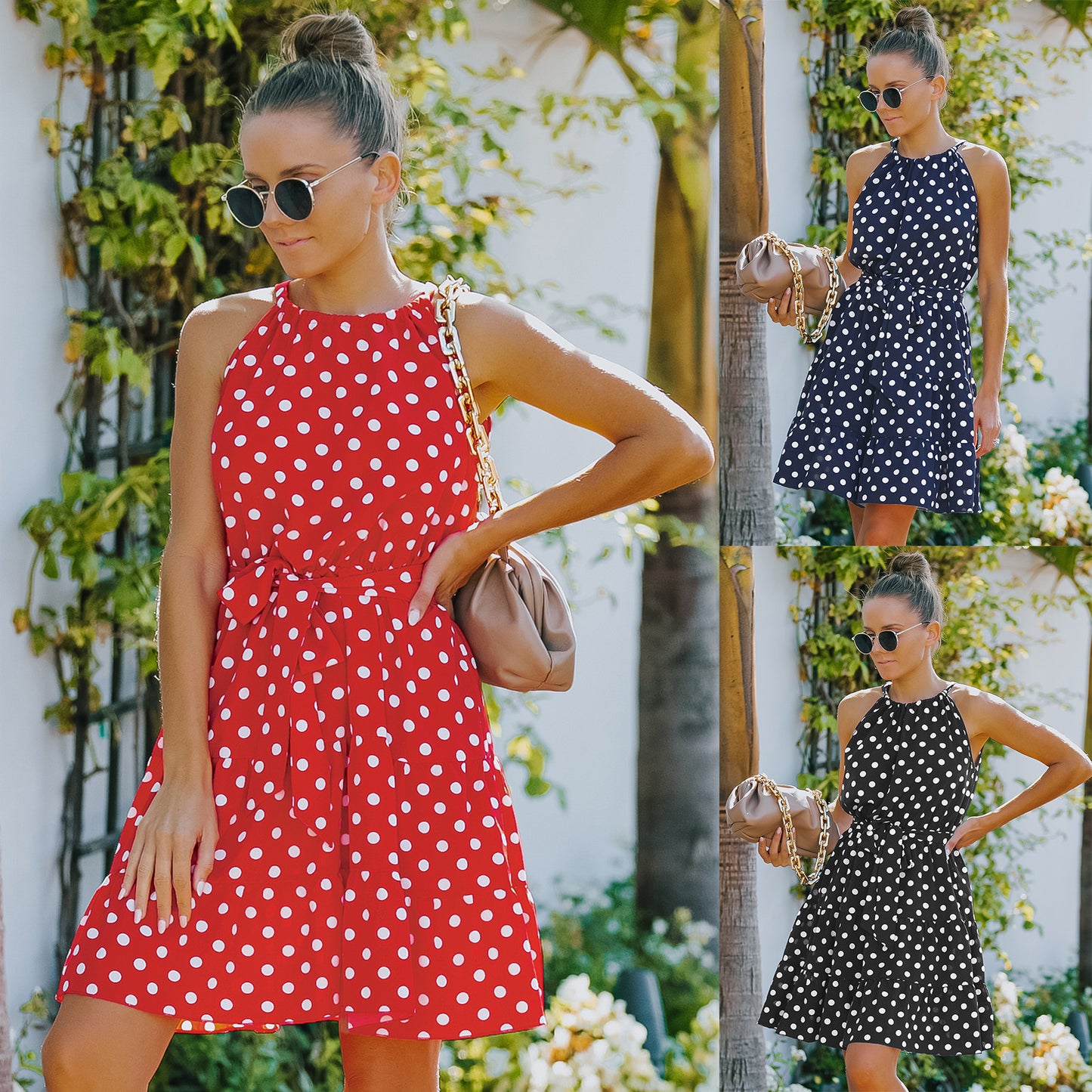 European And American Women's Round Neck Sleeveless Chiffon Polka Dot Dress