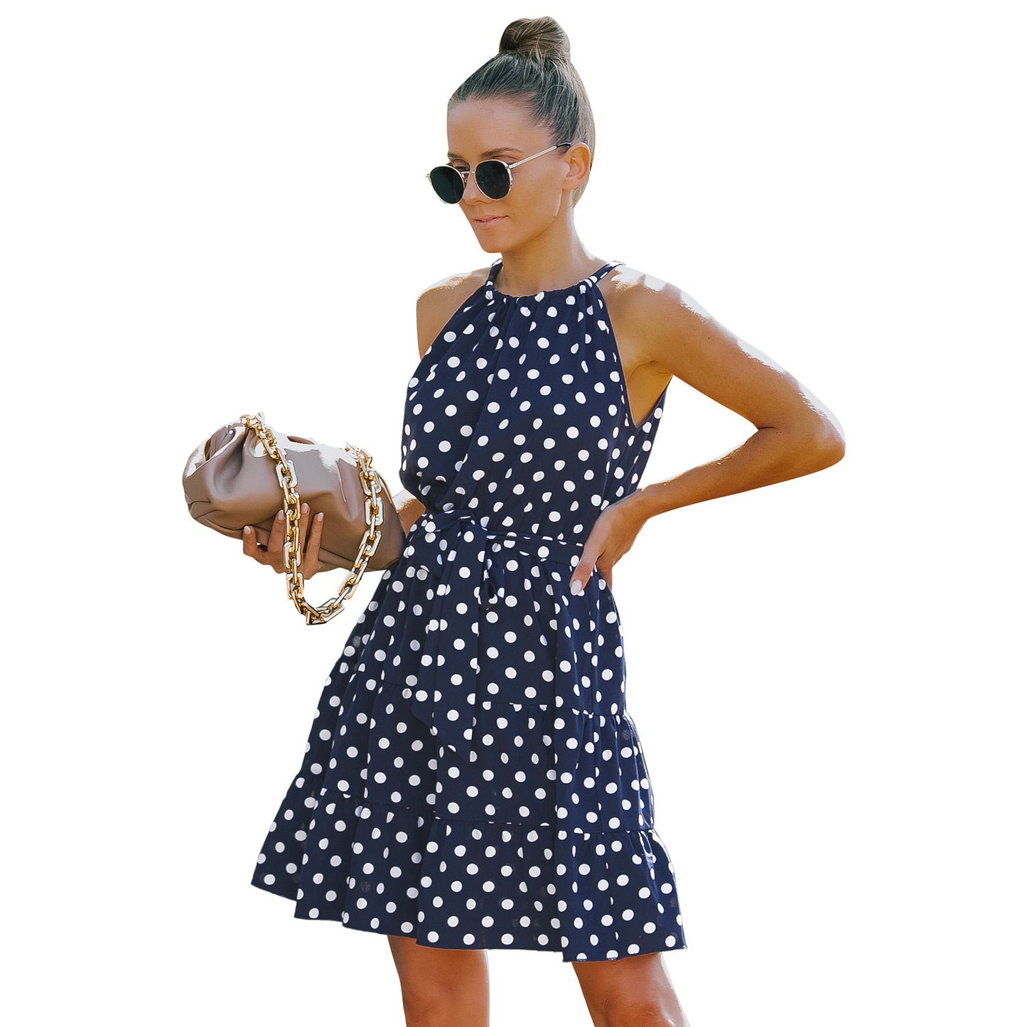 European And American Women's Round Neck Sleeveless Chiffon Polka Dot Dress