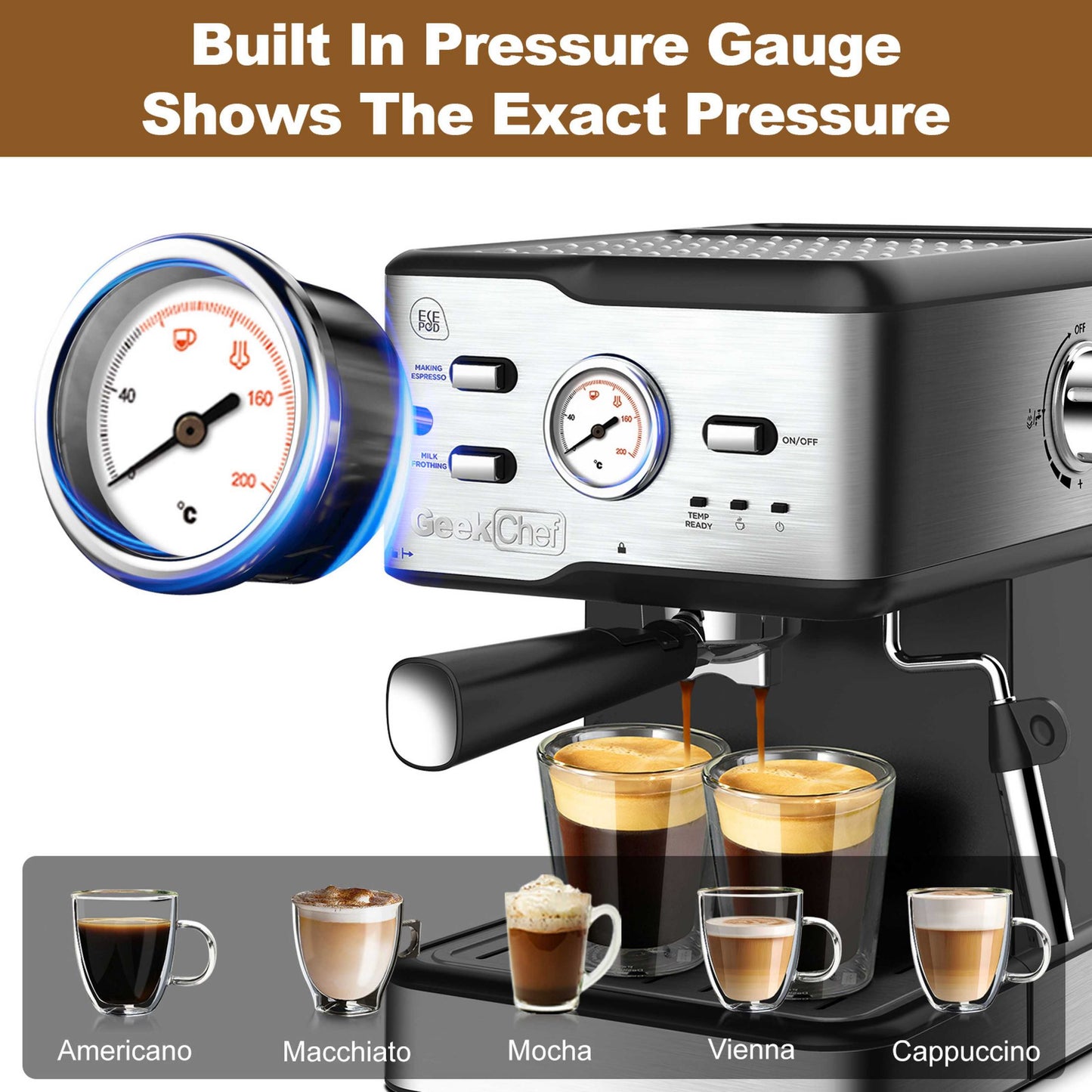 Espresso Machine 20 Bar Pressure Cappuccino Latte Maker Coffee Machine With ESE POD Filter&Milk Frother Steam Wand&thermometer, 1.5L Water Tank, Stainless Steel Espresso Ban On Amazon - MediaEclat.store