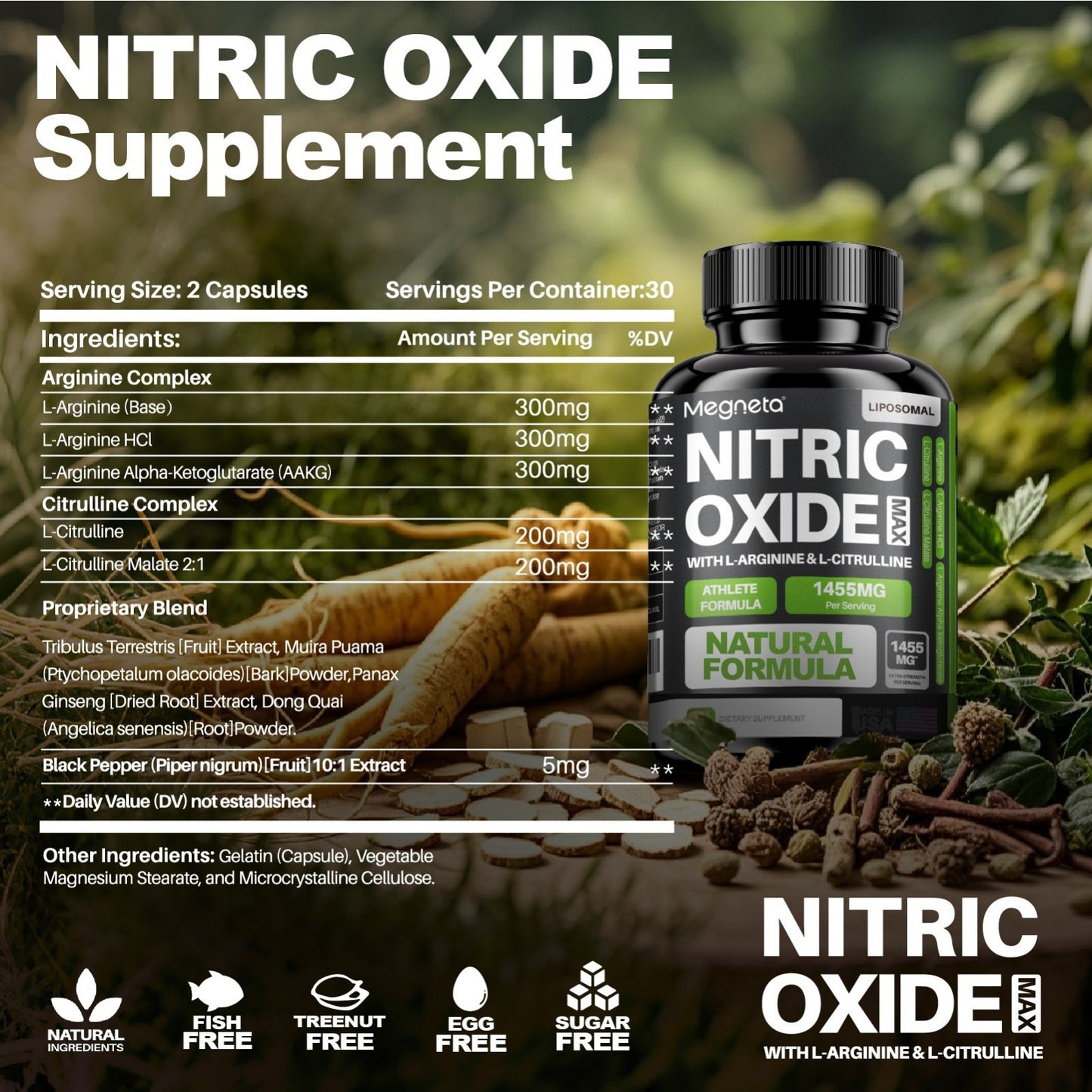 Megneta Nitric Oxide, Men's Vitality Supplement for Energy and Focus, Healthy Blood Flow, Cardiovascular Health, with L Arginine & L Citrulline - 60 capsules