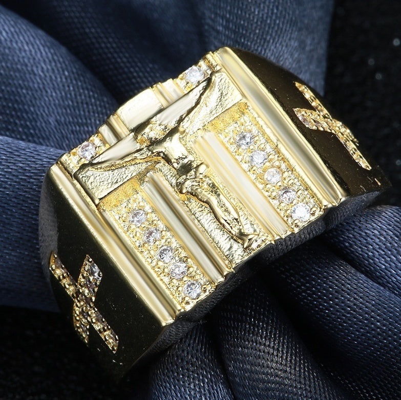 Premium Gold Jesus Ring with Crystals