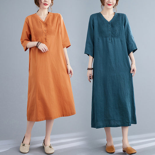 Artistic Loose Solid Color Cotton And Linen V-neck Half-length Sleeve Dress Women's Mid-length - MediaEclat.store