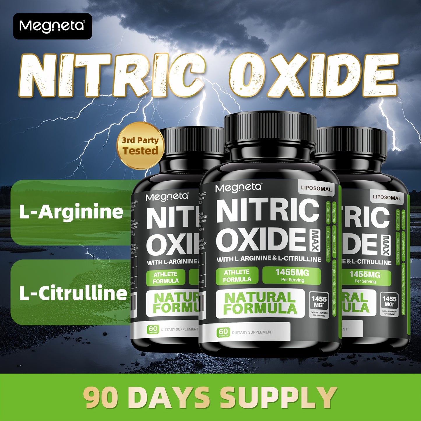Megneta Nitric Oxide, Men's Vitality Supplement for Energy and Focus, Healthy Blood Flow, Cardiovascular Health, with L Arginine & L Citrulline - 60 capsules