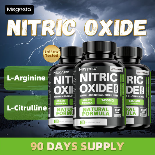 Megneta Nitric Oxide, Men's Vitality Supplement for Energy and Focus, Healthy Blood Flow, Cardiovascular Health, with L Arginine & L Citrulline - 60 capsules