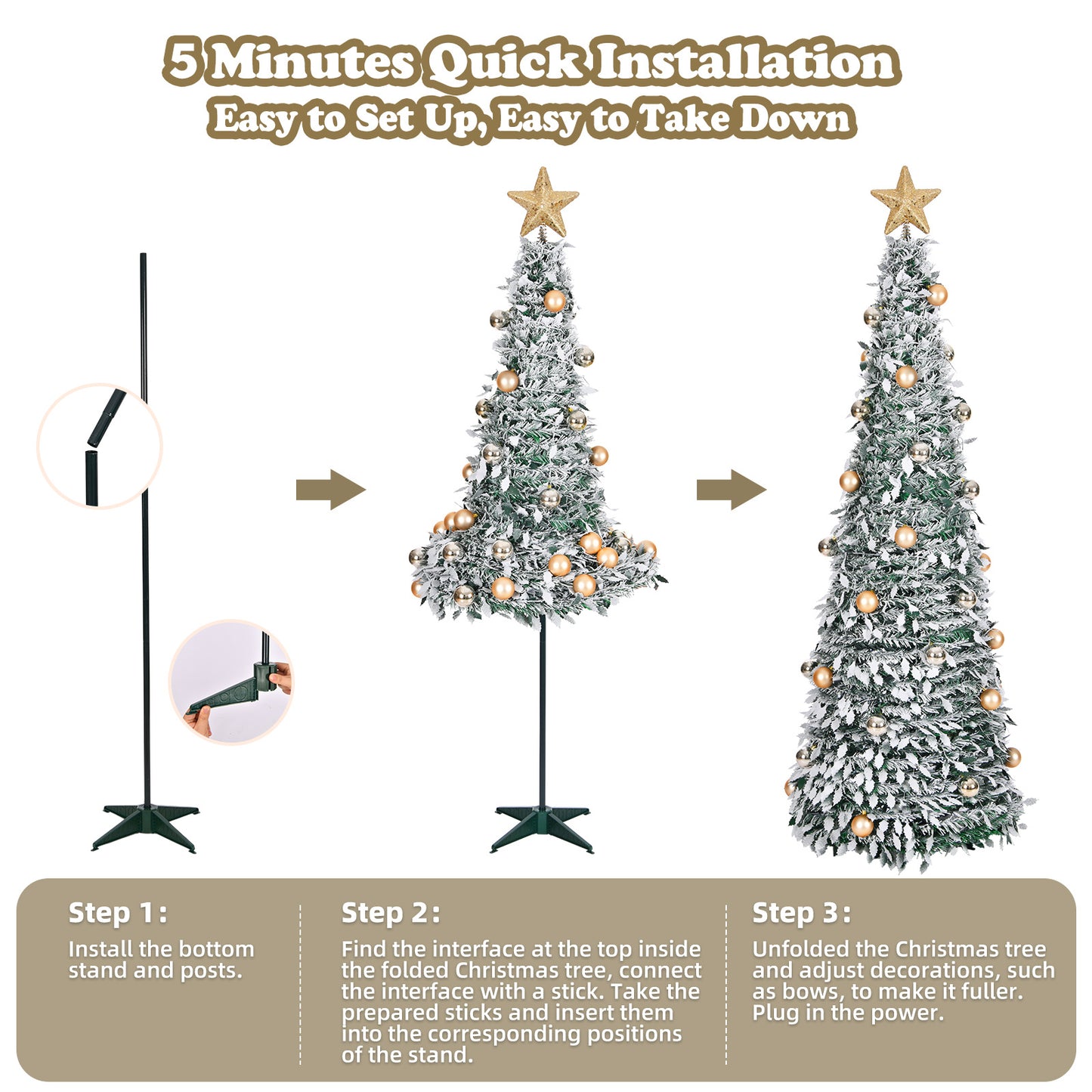 6ft 8 Modes Pre-Decorated Pre-lit Pop Up Christmas Tree Snow-Flocked Christmas Tree Collapsible Christmas Tree 150 LED Warm White Light For Christmas Holiday Decoration