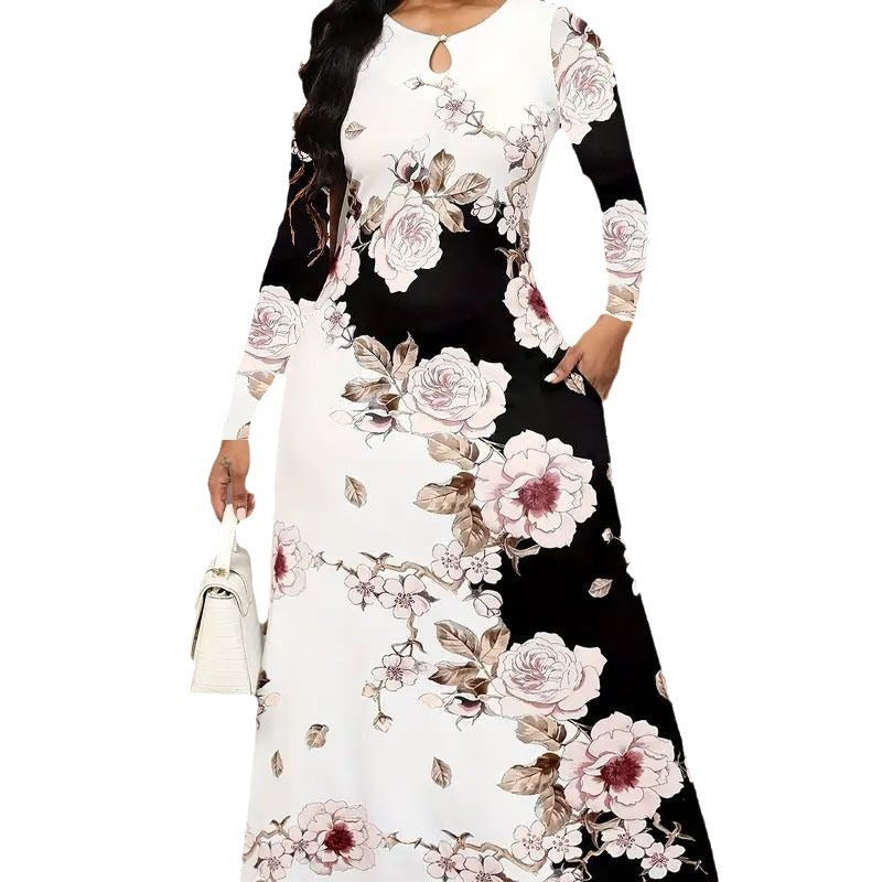 Round Neck Long Sleeve Printed Pocket Waist-controlled Large Hem Dress