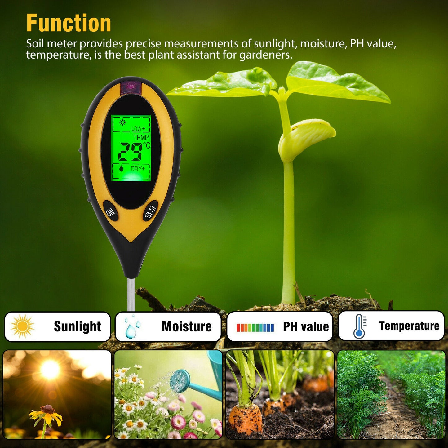 4 In 1 LCD Digital PH Tester Soil Water Light Temperature Test Meter US